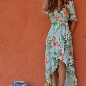 Z&L Europe Flamingo High Low Wrap Dress Women's XS ruffle palm tropical